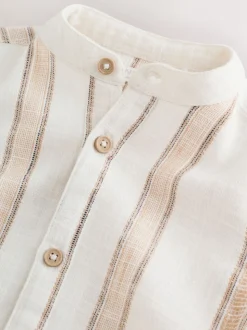 Ecru/bruin - Short Sleeve Grandad Collar Textured Stripe Shirt (3mths-7yrs)