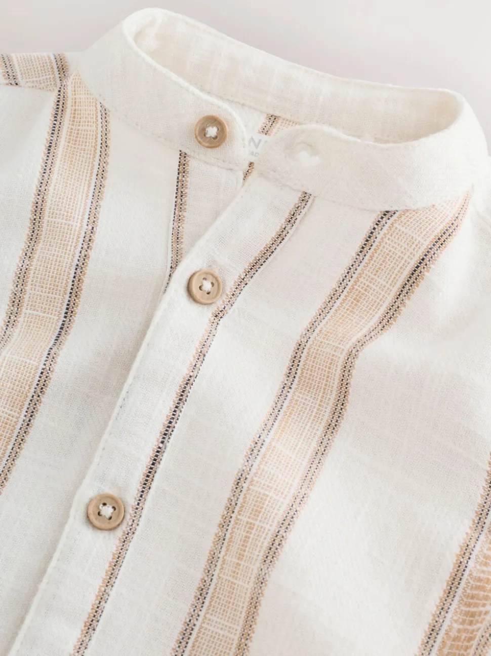 Ecru/bruin - Short Sleeve Grandad Collar Textured Stripe Shirt (3mths-7yrs)