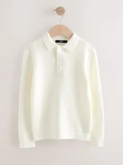 Ecru-crème - Poloshirt met textuur en lange mouwen (3-16jr)