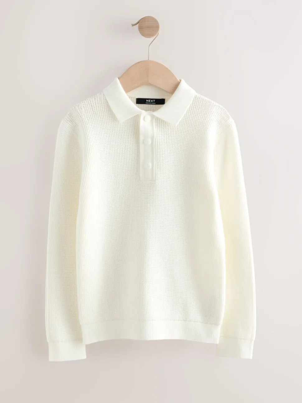 Ecru-crème - Poloshirt met textuur en lange mouwen (3-16jr)