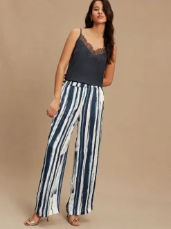 Ecru/marineblauw - Satin Crinkle Wide Leg Trousers