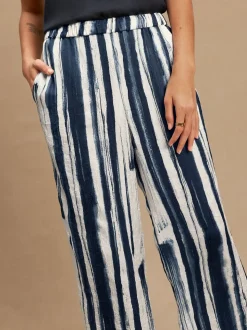 Ecru/marineblauw - Satin Crinkle Wide Leg Trousers