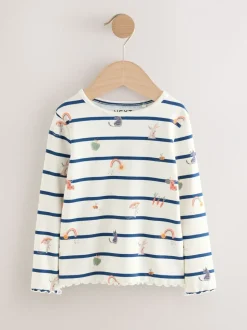 Ecru/Marineblauw gestreept Character - Geribbeld T-shirt met lange mouwen (3mnd-7jr)