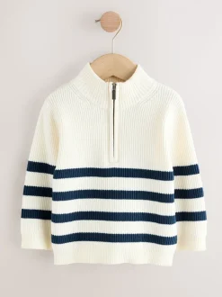Ecru/marineblauw gestreept - Gebreide trui met kwartrits (3mnd-7jr)