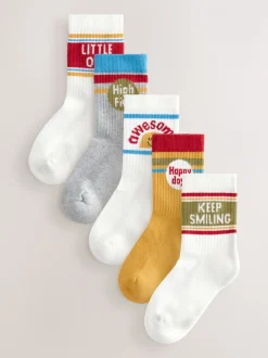 Ecru/mosterd/rood retro slogan - Verpakking van 5 paar Character sokken met hoog katoengehalte