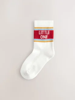 Ecru/mosterd/rood retro slogan - Verpakking van 5 paar Character sokken met hoog katoengehalte