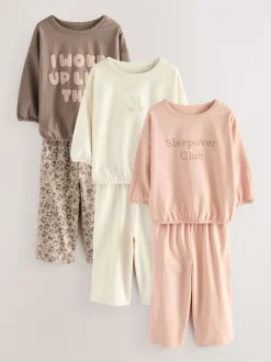 Ecru/Pink Slogan Print - Verpakking van 3 pyjama's met wijde pijpen (9mnd-10jr)