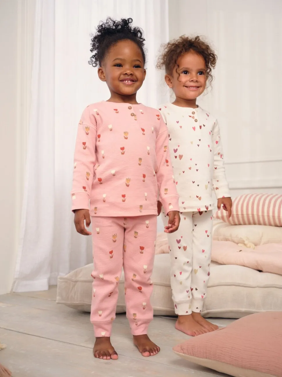 Ecru/Roze Harten - Set van 2 wafelpyjama's (9mnd-12jr)