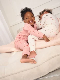 Ecru/Roze Harten - Set van 2 wafelpyjama's (9mnd-12jr)