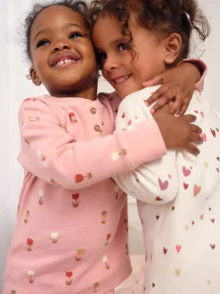 Ecru/Roze Harten - Set van 2 wafelpyjama's (9mnd-12jr)