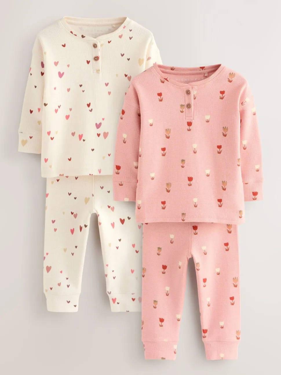 Ecru/Roze Harten - Set van 2 wafelpyjama's (9mnd-12jr)