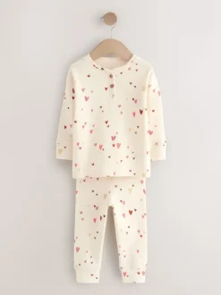 Ecru/Roze Harten - Set van 2 wafelpyjama's (9mnd-12jr)