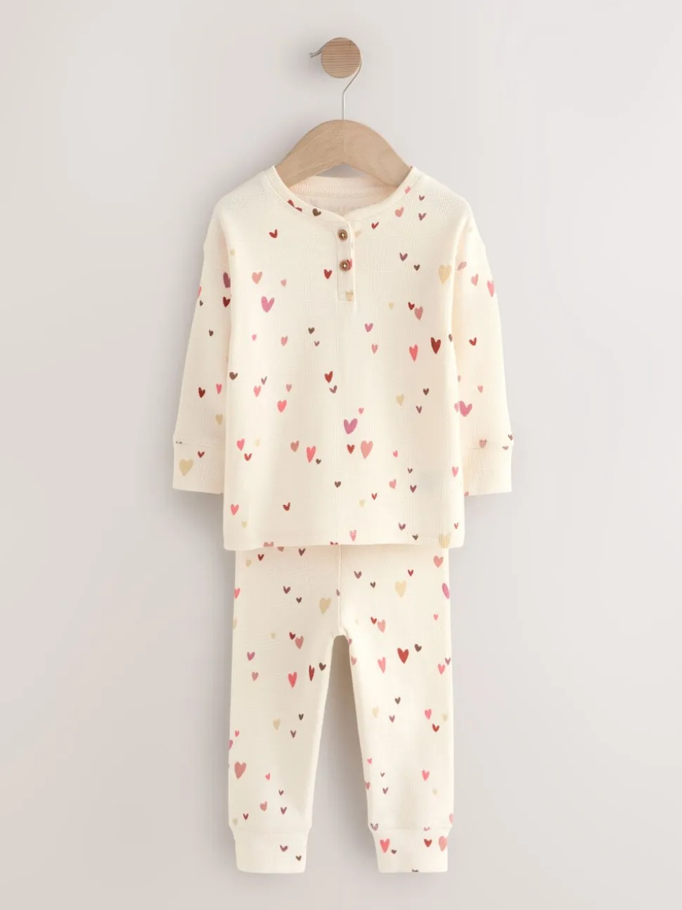 Ecru/Roze Harten - Set van 2 wafelpyjama's (9mnd-12jr)