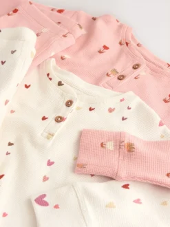 Ecru/Roze Harten - Set van 2 wafelpyjama's (9mnd-12jr)