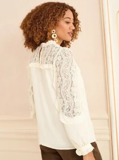 Ecruwit - Love & Roses Crew Neck Lace Yoke Long Sleeve Blouse