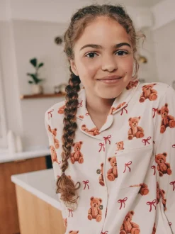 Ecru-wit met berenprint - Pyjama met knoopsluiting (3-16jr)