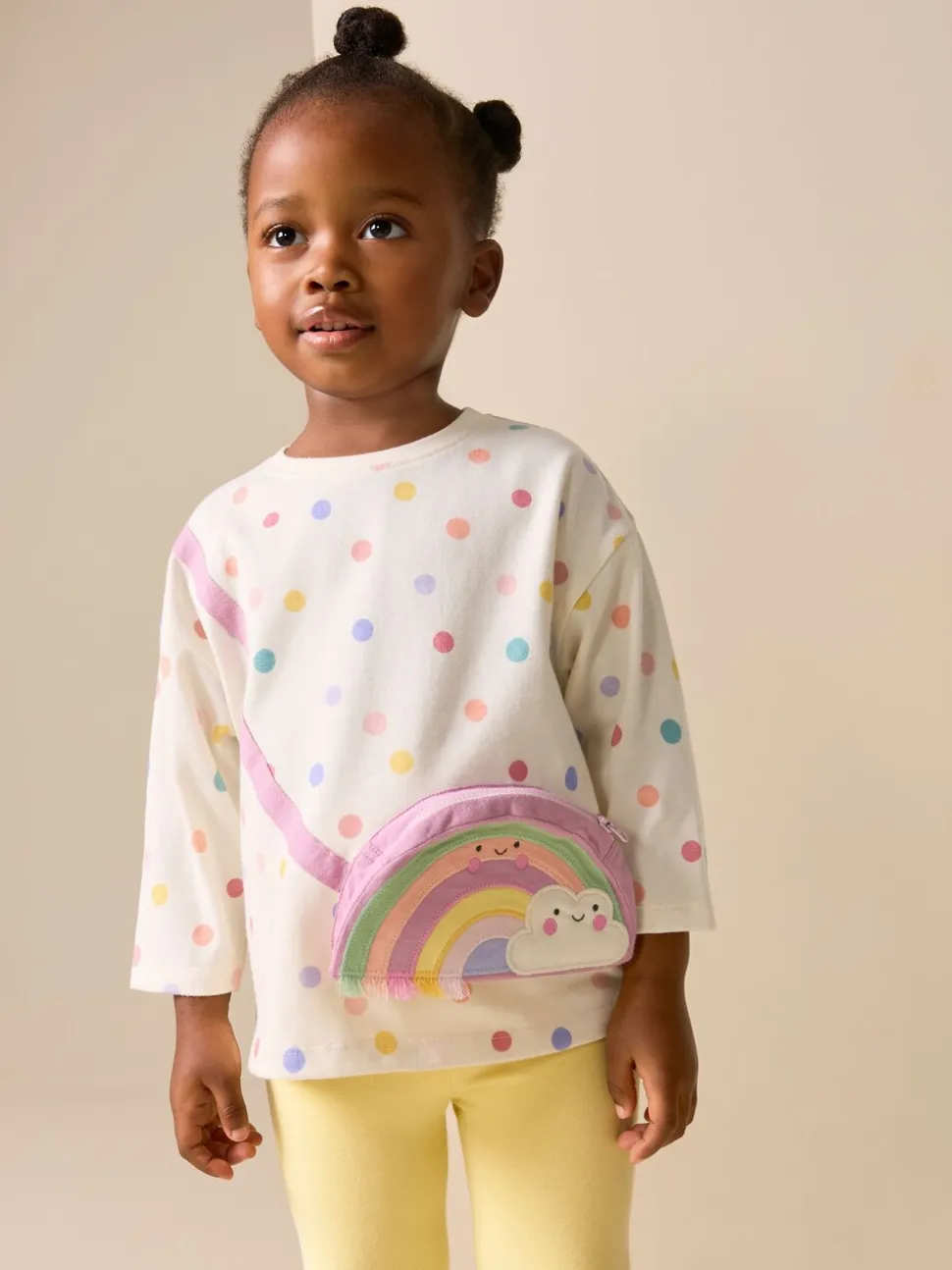 Ecru-wit met regenboog - Long Sleeve Bag Top (3mths-7yrs)