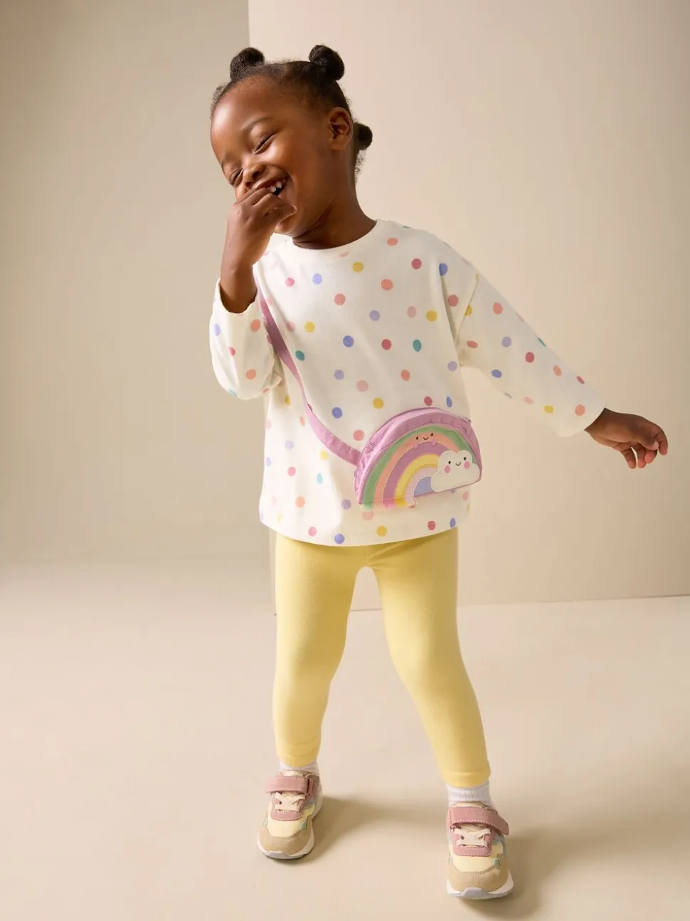Ecru-wit met regenboog - Long Sleeve Bag Top (3mths-7yrs)
