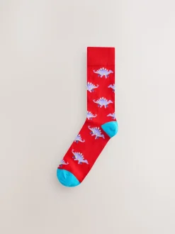 Fel rood/blauw/oranje dinosaurus - Set van 8 sokken met patroon