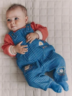 Felgekleurde streep met figuurtjes - Babyset van denim bretelbroeken en bodysuit (0 mnd - 2 jr)