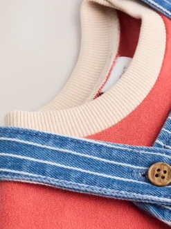 Felgekleurde streep met figuurtjes - Babyset van denim bretelbroeken en bodysuit (0 mnd - 2 jr)