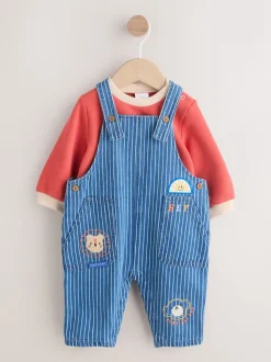 Felgekleurde streep met figuurtjes - Babyset van denim bretelbroeken en bodysuit (0 mnd - 2 jr)