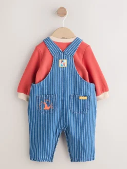 Felgekleurde streep met figuurtjes - Babyset van denim bretelbroeken en bodysuit (0 mnd - 2 jr)