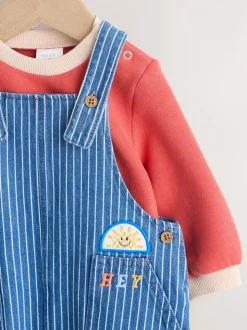 Felgekleurde streep met figuurtjes - Babyset van denim bretelbroeken en bodysuit (0 mnd - 2 jr)