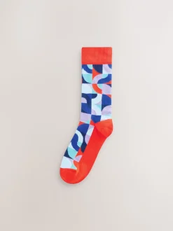 Felrood/Groen geometrisch - Set van 8 sokken met patroon