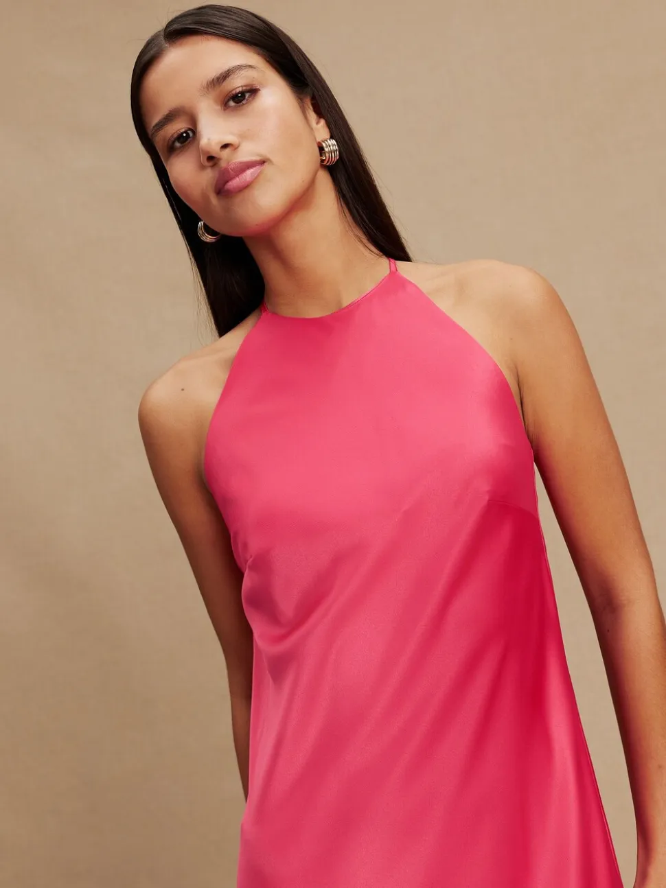 Framboosroze - Bridesmaids Satin Halterneck Maxi Dress
