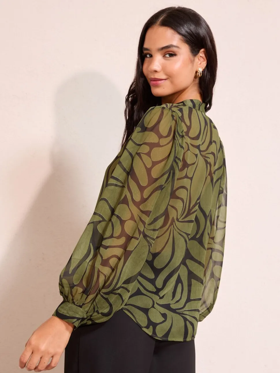 Friends Like These Collarless Long Sleeve Chiffon Blouse