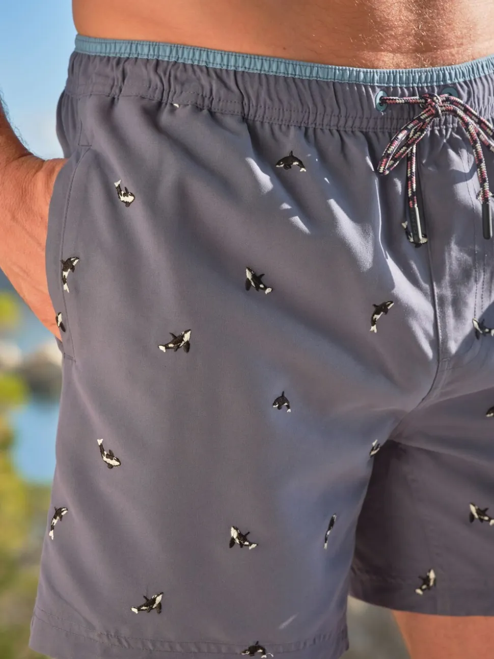 Geborduurde walvis in marineblauw - FatFace - Zwemshort