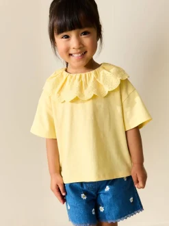 Geel - Short Sleeve Broderie Collar Top (3mths-7yrs)