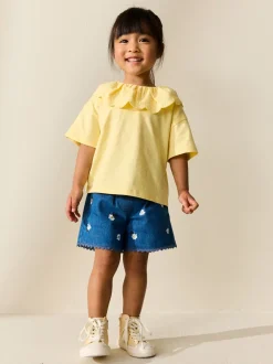 Geel - Short Sleeve Broderie Collar Top (3mths-7yrs)