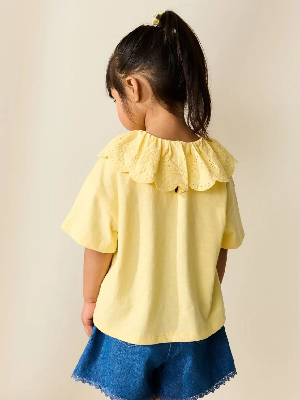 Geel - Short Sleeve Broderie Collar Top (3mths-7yrs)
