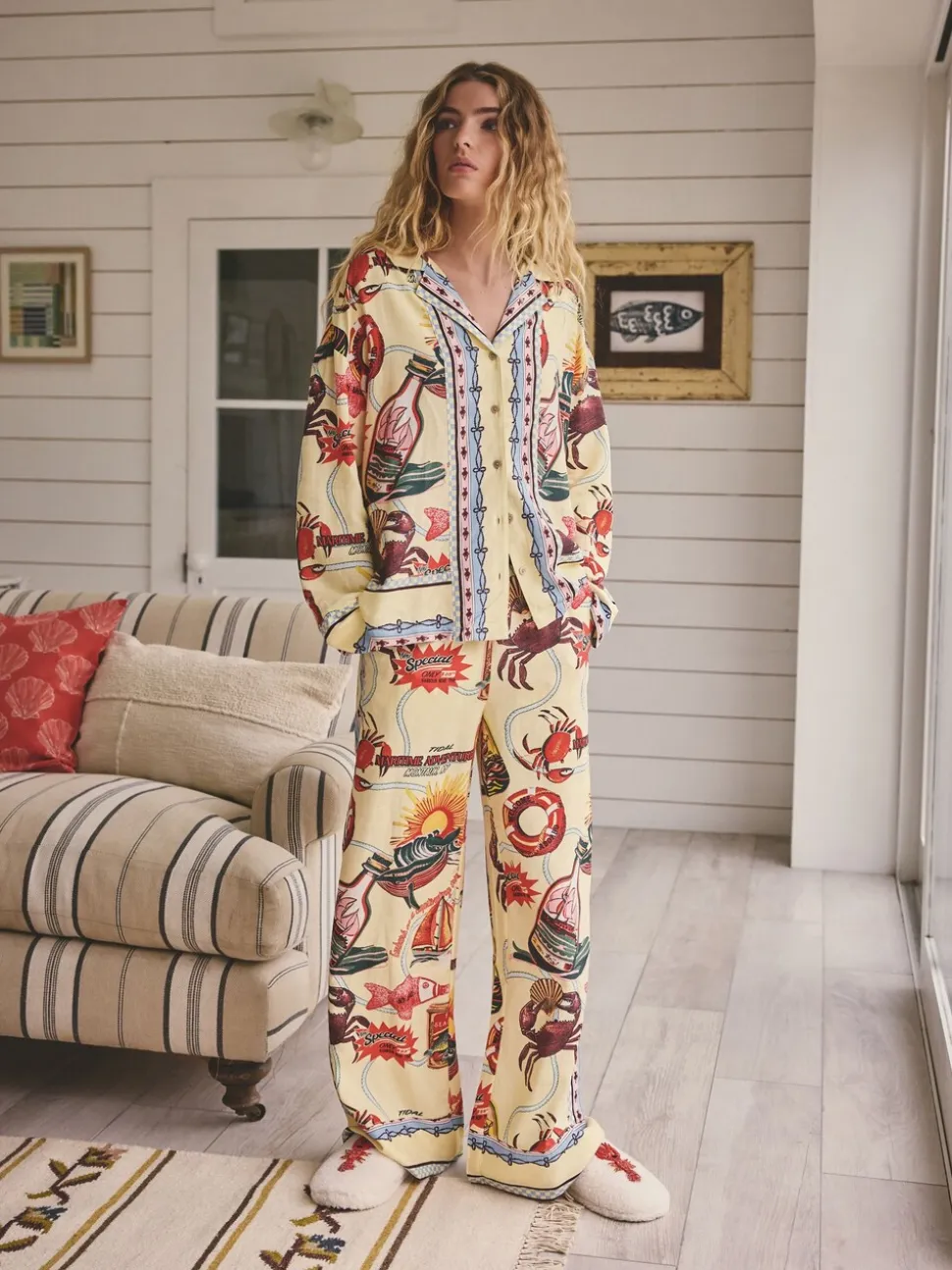 Geel - Viscose/Linen Blend Button Through Pyjamas