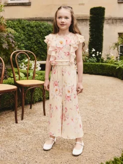 Geel gebloemd - Short Sleeve Pleated Ruffle Jumpsuit (3-16yrs)