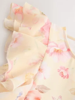 Geel gebloemd - Short Sleeve Pleated Ruffle Jumpsuit (3-16yrs)