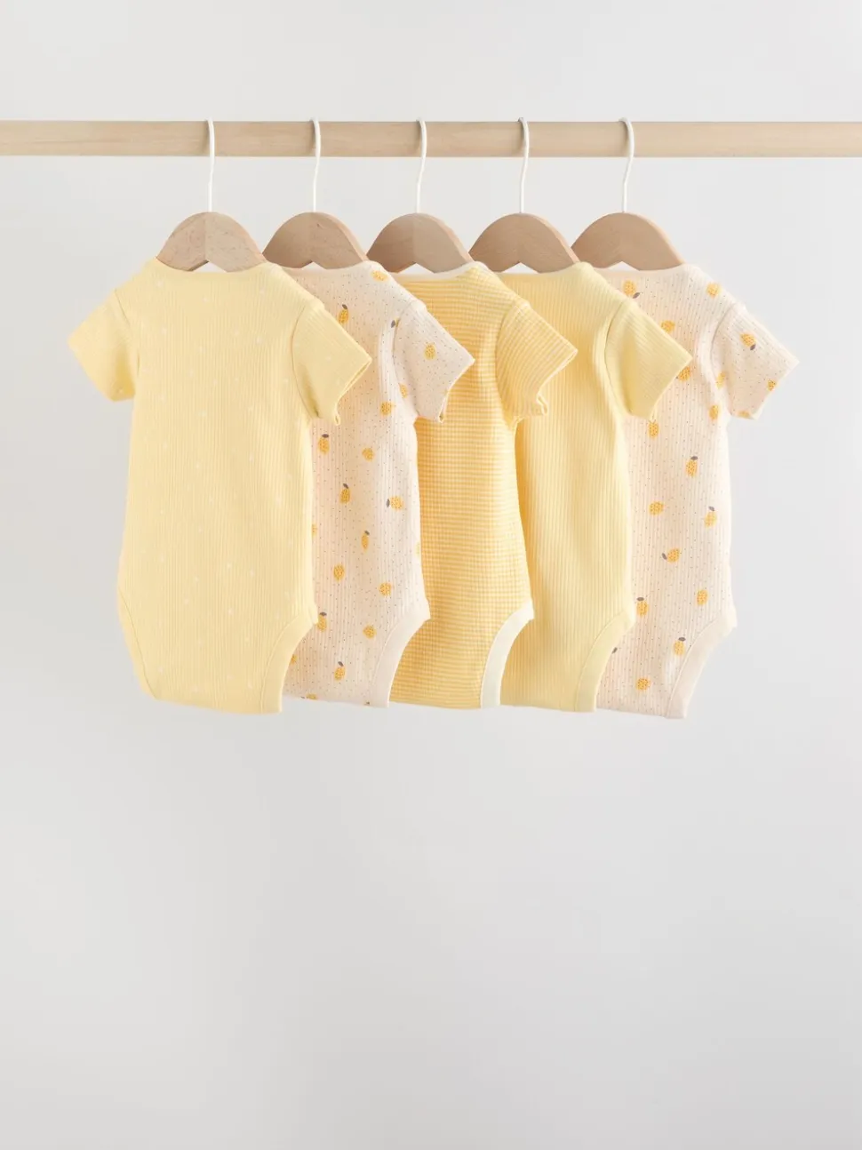 Geel met citroenenprint - 5 Babyrompertjes met korte mouwen