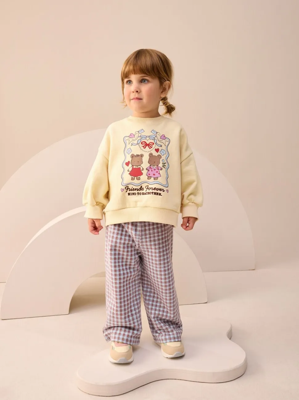 Geel met gingham beren - Set van sweatshirt en broek met wijde pijpen (3mnd -7jr)