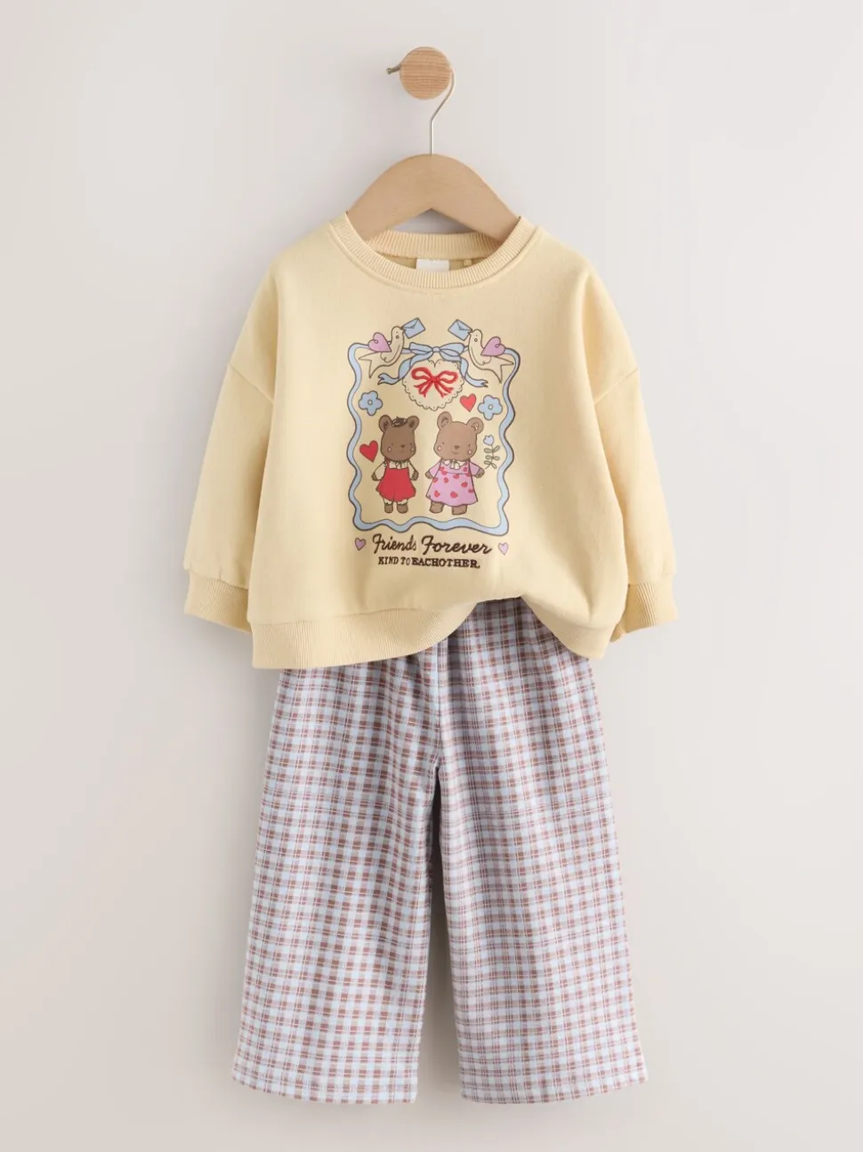 Geel met gingham beren - Set van sweatshirt en broek met wijde pijpen (3mnd -7jr)