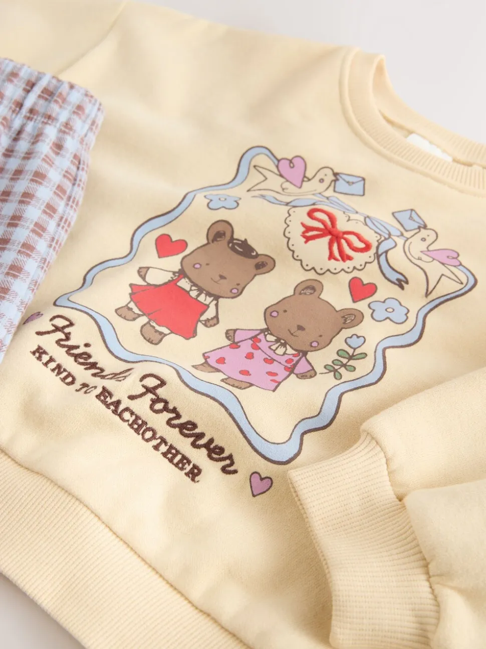 Geel met gingham beren - Set van sweatshirt en broek met wijde pijpen (3mnd -7jr)