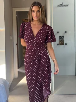 Girl In Mind Drew Polka Dot Puff Sleeve Wrap Front Midi Dress