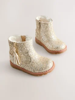 Goud glitter - Chelsea enkellaarsjes met rits en kwastjes