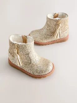 Goud glitter - Chelsea enkellaarsjes met rits en kwastjes