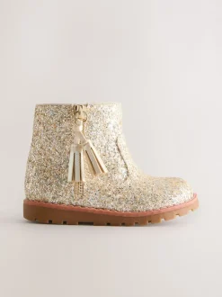 Goud glitter - Chelsea enkellaarsjes met rits en kwastjes