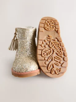 Goud glitter - Chelsea enkellaarsjes met rits en kwastjes