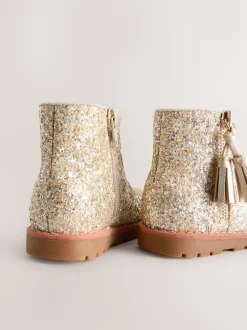Goud glitter - Chelsea enkellaarsjes met rits en kwastjes