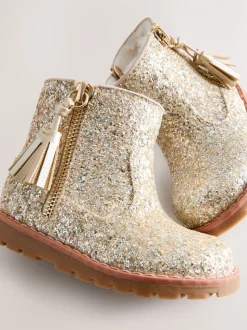 Goud glitter - Chelsea enkellaarsjes met rits en kwastjes