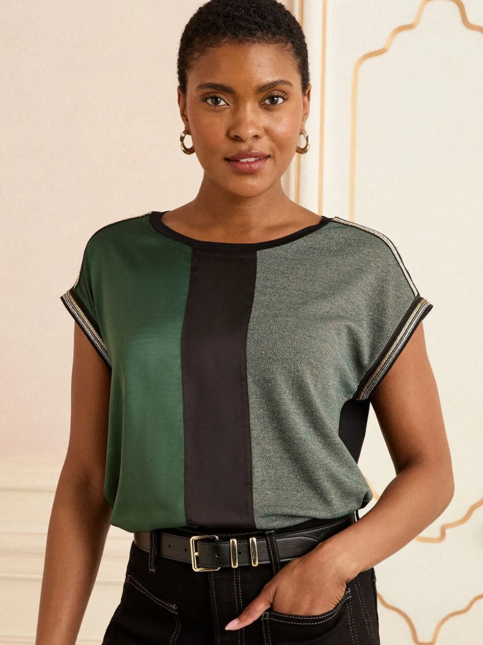 Green and Black Embellished Cuff Satin Front - Love & Roses Satin Front V-Neck Short Sleeve Top
